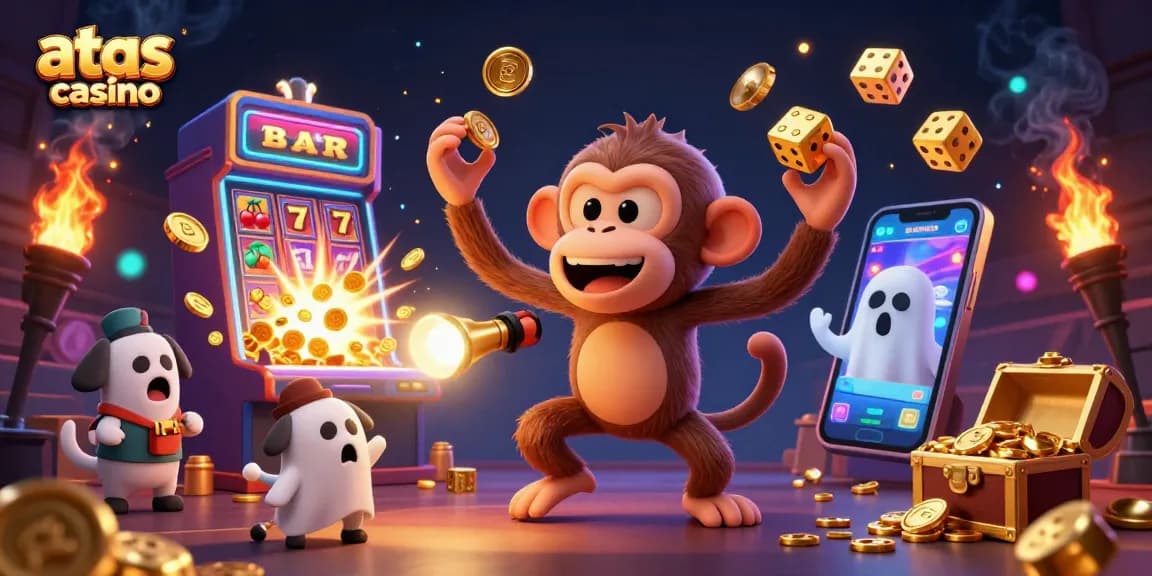 Experience excitement at atas casino with a dynamic scene of casino gaming elements and juggled treasures.