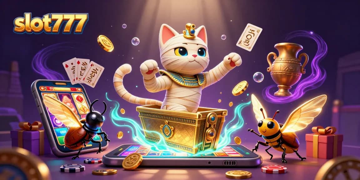 Experience the action of slot777 with a thrilling casino scene featuring an Egyptian mummy cat