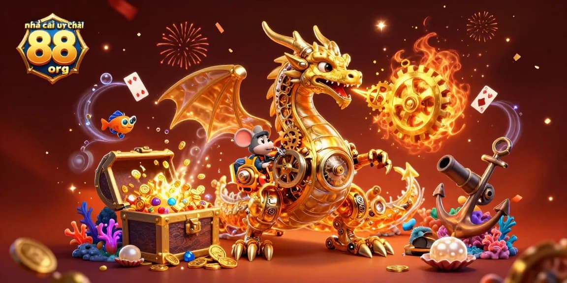 Engage with the vibrant online world of nhà cái uy tín 88 org featuring a biomechanical dragon and treasure.