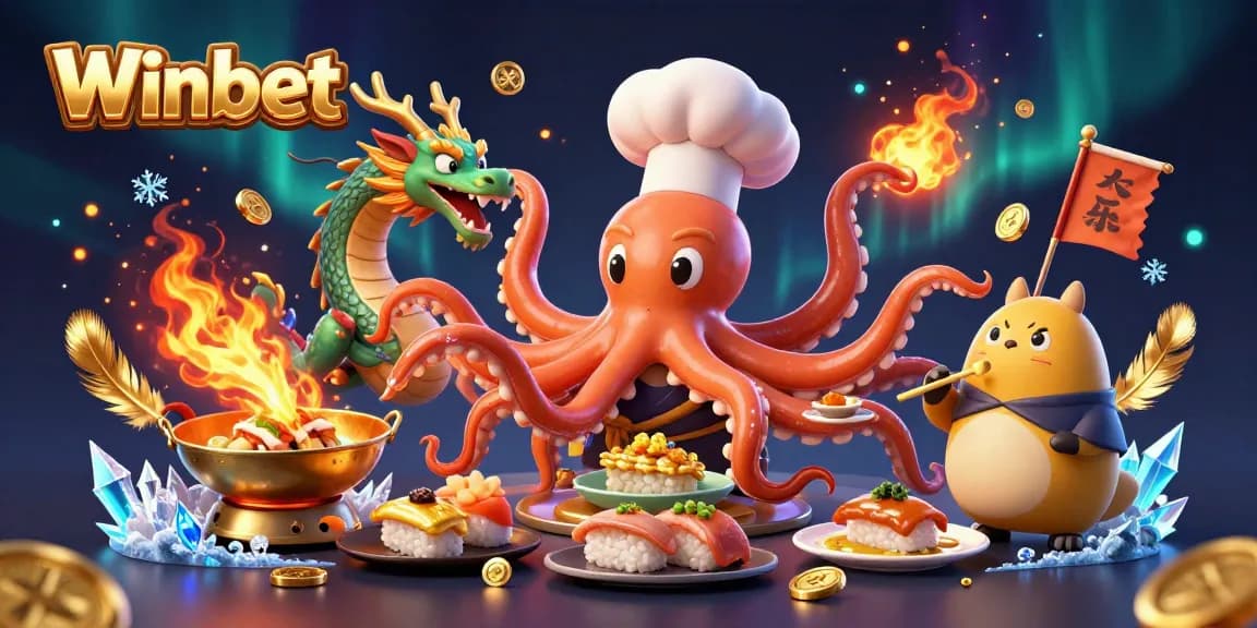 Winbet’s vibrant gaming atmosphere featuring a sushi chef octopus, dragon, and tanuki in an energetic casino scene.