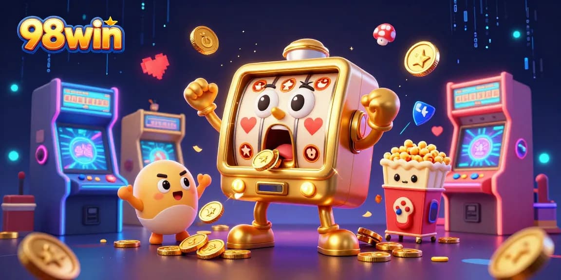 Spin the reels and win coins with 98win's vibrant slot machine scene featuring cheerful characters.