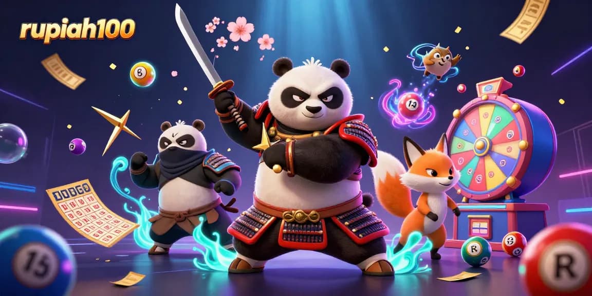 Win big with rupiah100 as the samurai panda, ninja fox, and spirit tanuki celebrate at a vibrant, dynamic casino.