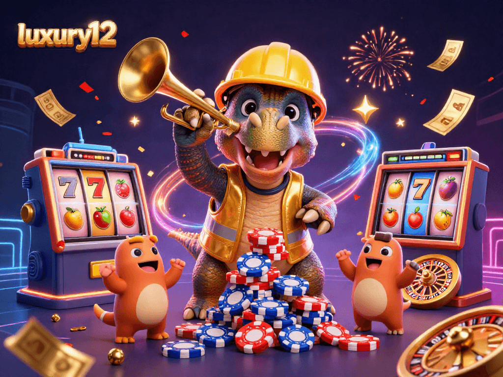 Join the luxury12 casino fun with vibrant slots, a cheerful triceratops, and a celebratory scene.