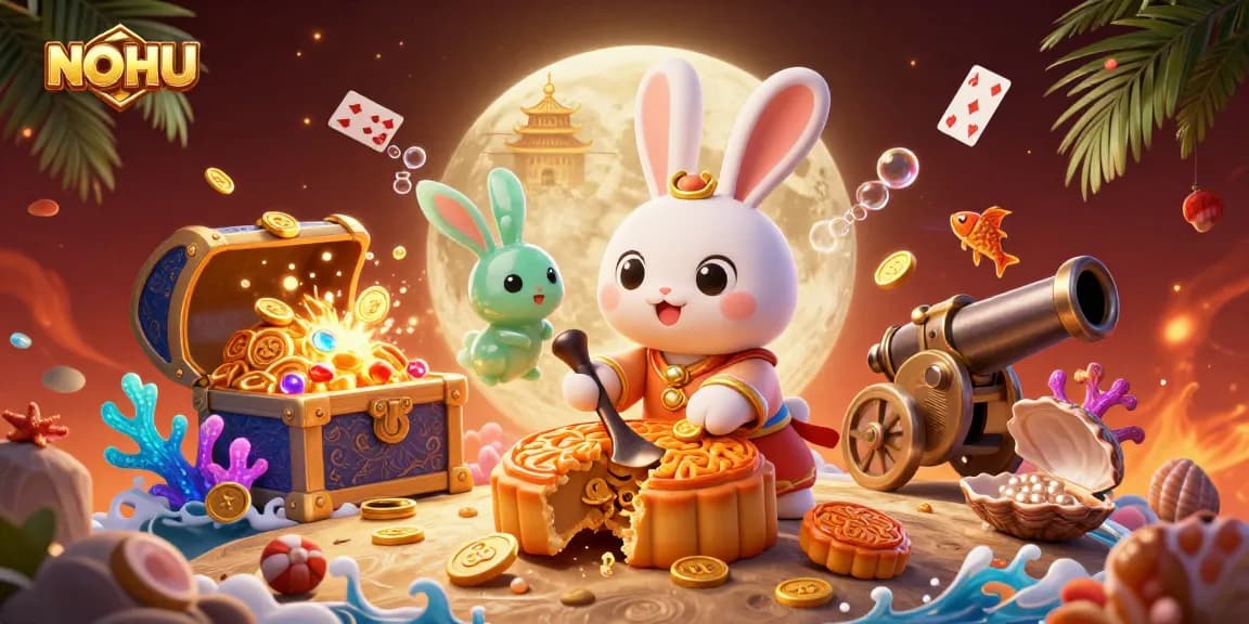 Engage with NOHU and dive into a vibrant casino atmosphere, featuring a playful moon rabbit and energetic gaming elements.