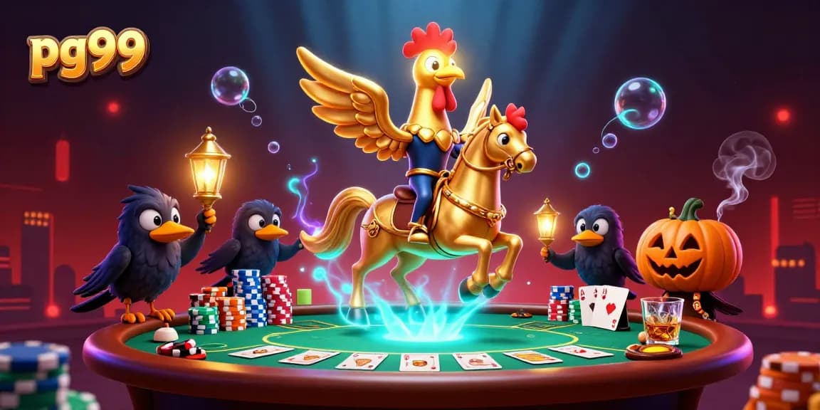 pg99 showcases a thrilling golden rooster in a midnight casino scene, emphasizing poker excitement.