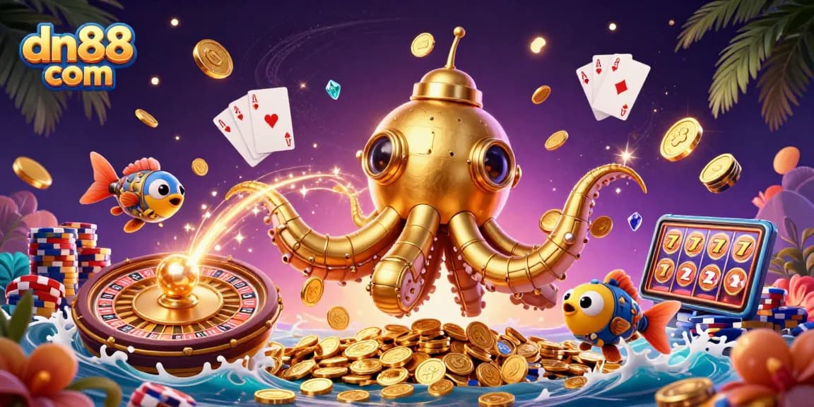 Experience winning thrills at dn88 com with a vibrant illustration of an engaging golden kraken and mechanical fish.