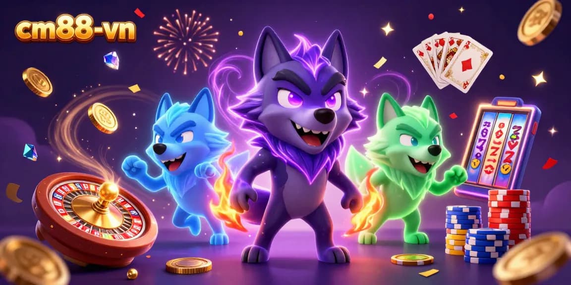 Experience thrilling games at cm88-vn with a vibrant 3D casino scene featuring wolves and dazzling elements.