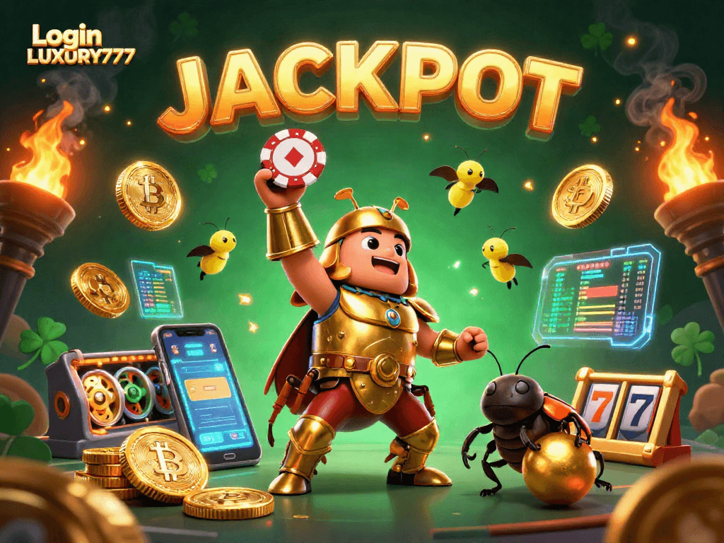 Manfaatkan Login LUXURY777 dengan simbol slot jackpot dalam ilustrasi 3D yang menarik.