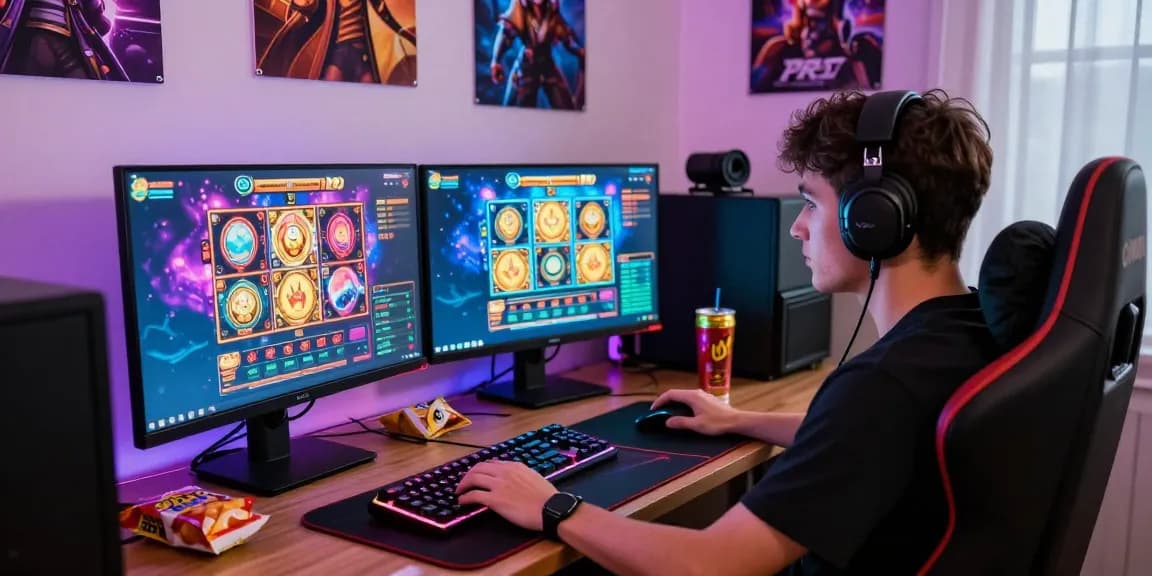 Exciting gamer immersed in slot107 gameplay with dual screens and dynamic graphics.