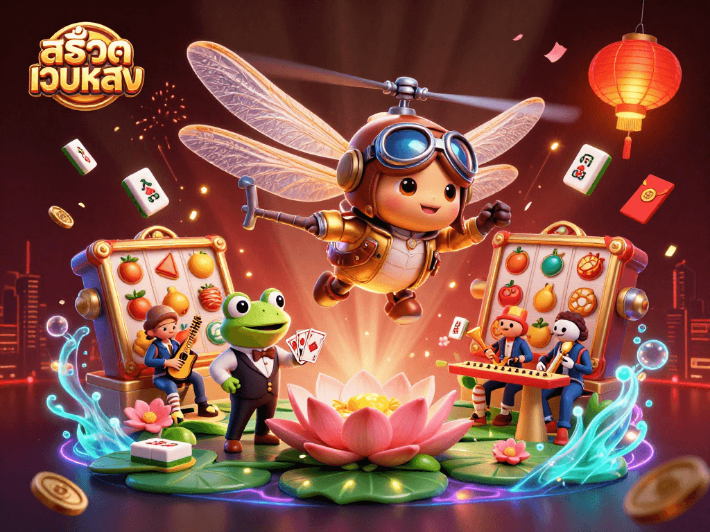 Experience สล็อตเว็บตรง excitement with a dragonfly pilot, frog croupier, and jazz-playing crickets in a vibrant casino scene.