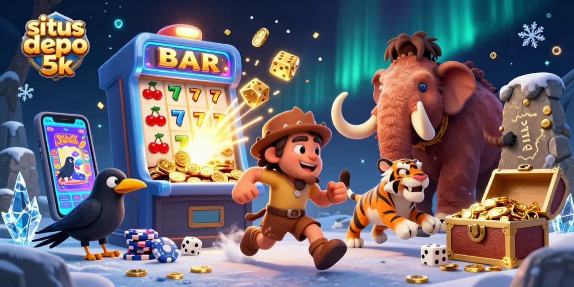 Experience the thrill of situs depo 5k with a dynamic prehistoric casino scene filled with rich visual details.