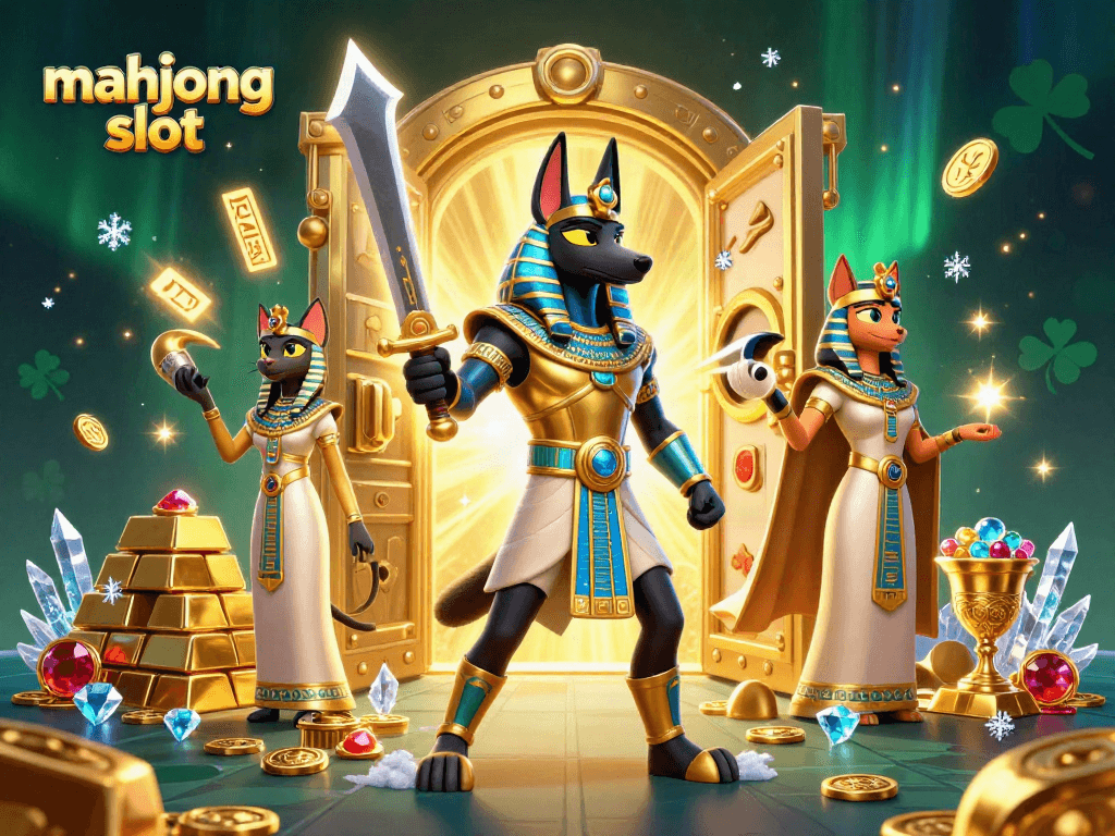 Spin to win with mahjong slot in a vibrant 3D casino scene featuring Anubis and Bastet.