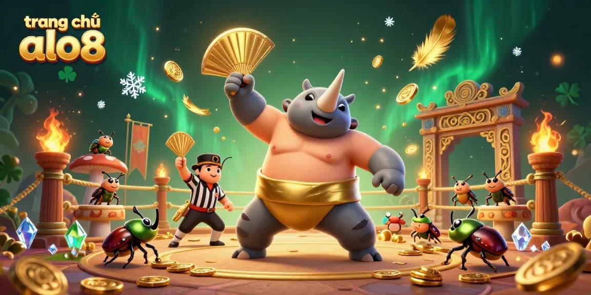 Experience excitement at trang chủ alo8 with a dynamic casino scene featuring a champion beetle sumo.