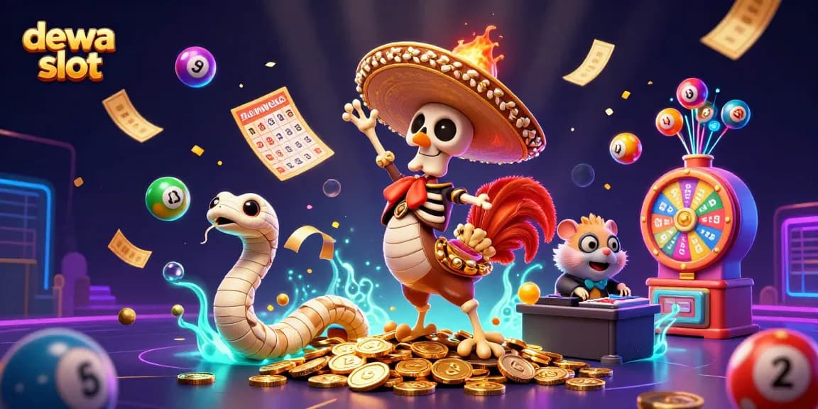 Experience the thrill of dewa slot as a vibrant 3D mariach skeleton dances on golden coins amidst colorful lottery elements and dynamic effects.