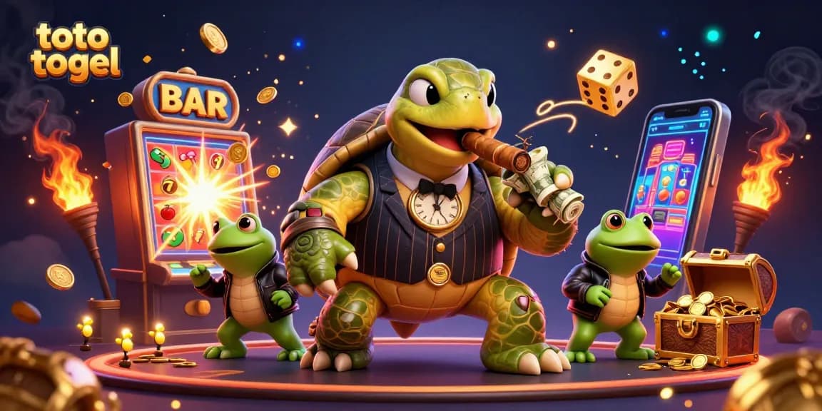 Experience the excitement of toto togel with a dynamic 3D illustration of a massive turtle in a tuxedo amidst casino elements.