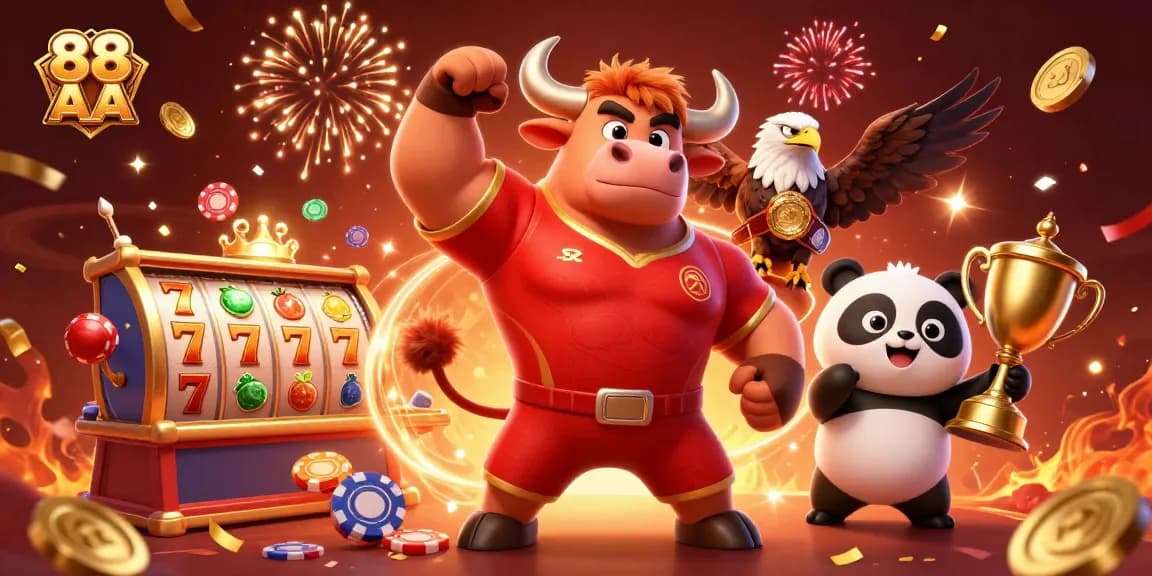 Engage with 88 AA in an exciting casino scene featuring a victorious bull mascot, eagle, and panda.