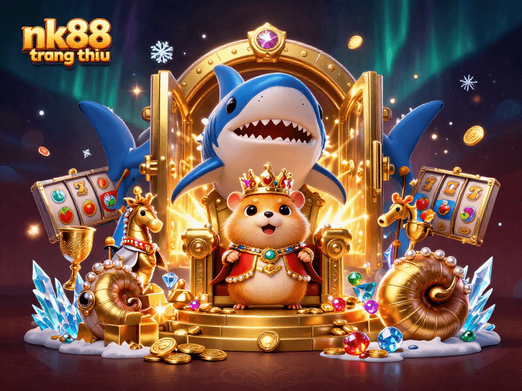 Win big with nk88 trang chủ featuring a golden hamster king in a vibrant casino treasure scene.