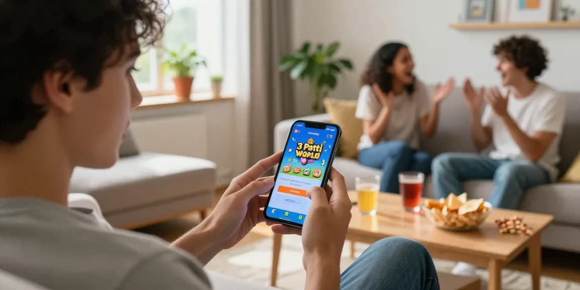 Login interface showcased on smartphone during a casual game night with friends at home, highlighting 3 Patti World app features and vibrant graphics.