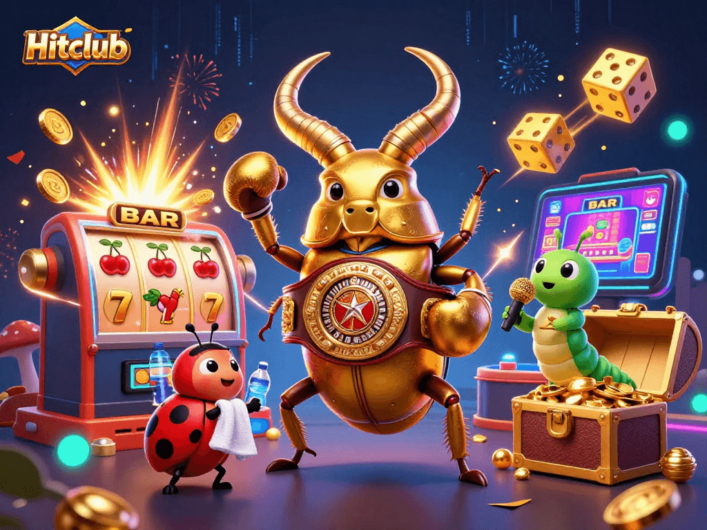Experience Hitclub's vibrant gaming action with a golden stag beetle, slot machines, and thrilling casino elements.