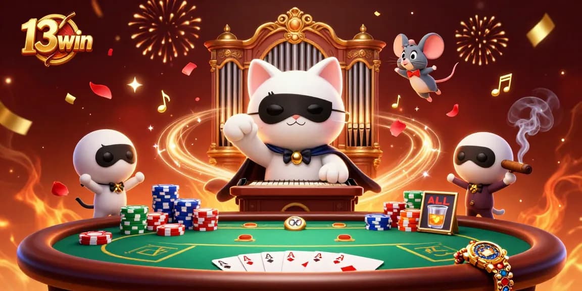 Experience the thrill of 13win with a vibrant 3D casino scene featuring a captivating phantom cat at the organ.