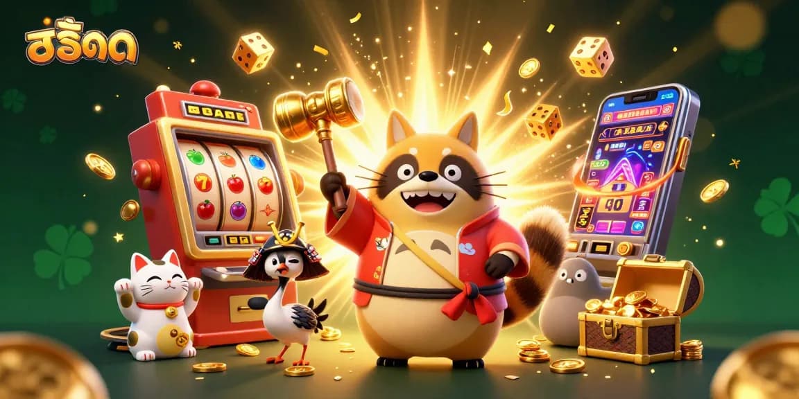 Spin the สล็อต reels with cheerful tanuki and lucky symbols in a vibrant casino scene.