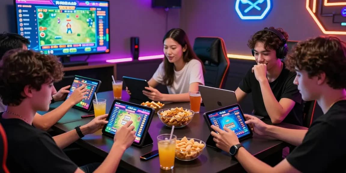 Group of friends enjoying JaiClub gaming session together, vibrant gaming atmosphere