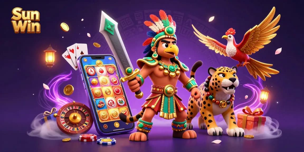 Spin the slots at Sun Win with vibrant imagery featuring Aztec warriors and exciting game elements.