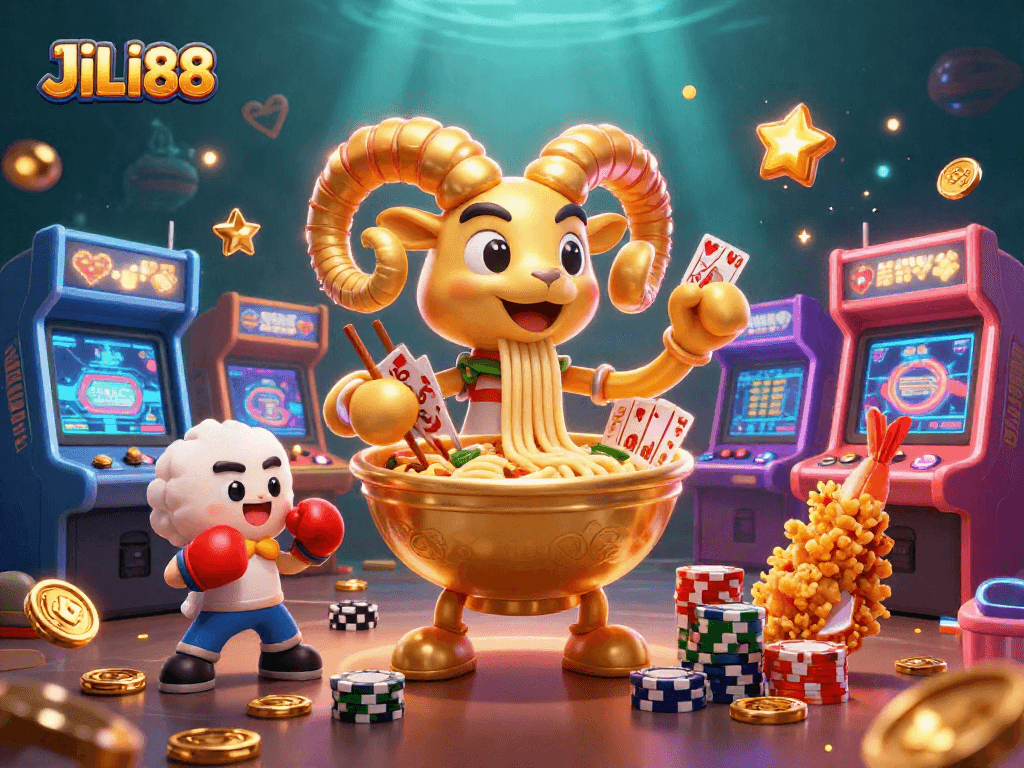 Engage with JILI88’s vibrant gaming scene featuring a golden ramen bowl dealer and sushi roll action.