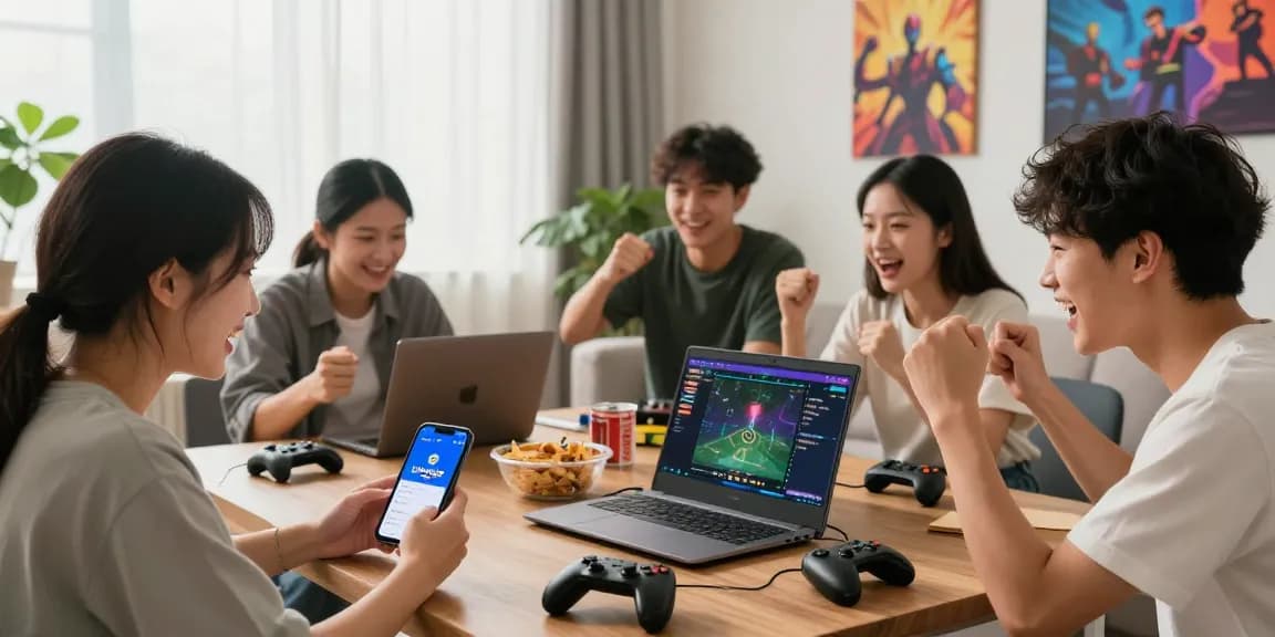 Group of friends using lotus365 app for online betting in a lively setting.
