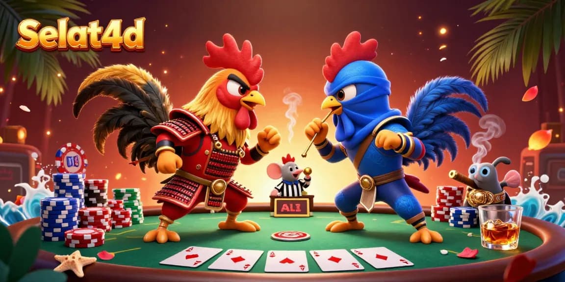 Selat4d showcases 3D cartoon roosters battling in a vibrant poker scene with poker chips and cards