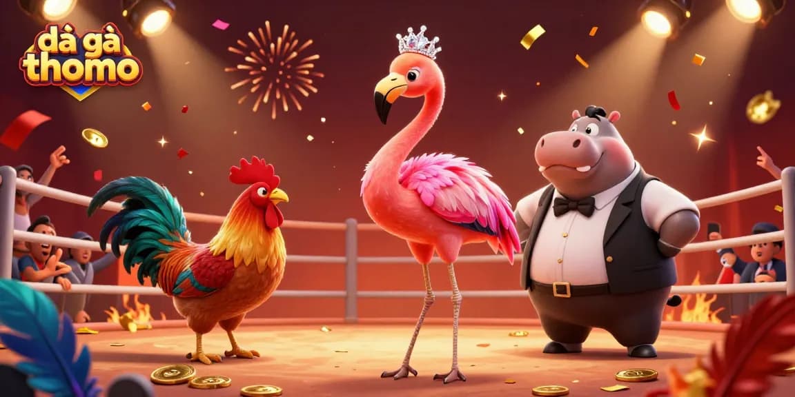 Watch exciting đá gà thomo cockfighting action in a vibrant arena with colorful feathers and energetic betting.