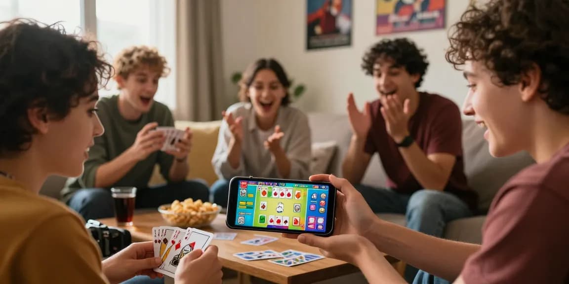 Friends engaging with Card Rummy APK on their smartphone, enjoying classic games at home, showcasing excitement and vibrant visuals.