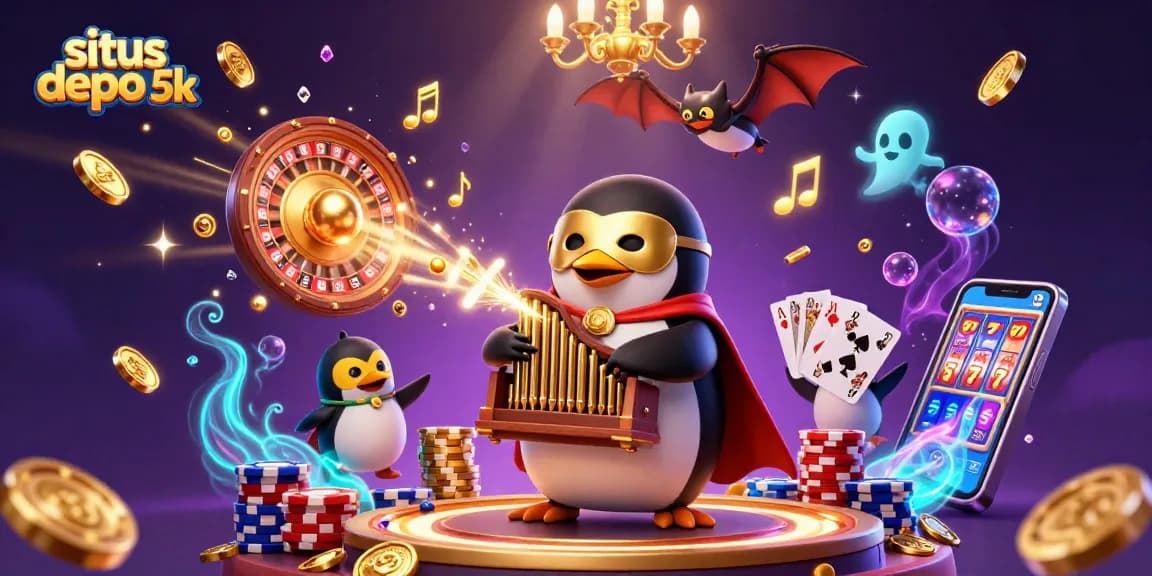 Spin and win at situs depo 5k with golden coins, slot reels, and thrilling casino elements!