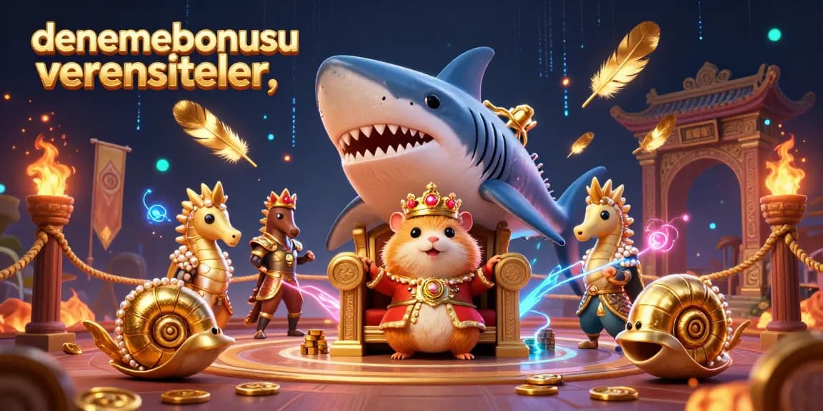 The hamster king on his shark throne symbolizes the gaming adventures available at denemebonusuverensiteler, inviting players to seize their bonuses.
