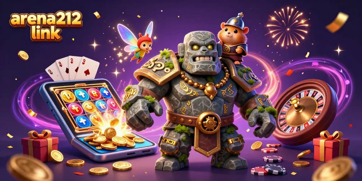 Menghadirkan arena212 link dengan karakter golem batu berkilauan yang hidup, koin emas, permainan slot, dan suasana meriah.