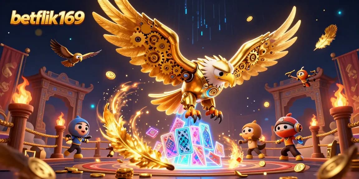 เล่นคาสิโนกับ betflik169 โดยมีนกอินทรียกล้อมรอบและการ์ดเกมลอยอยู่รอบทิศทาง