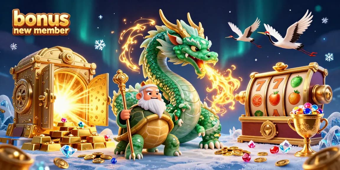 Embrace a winning experience with the bonus new member offer, featuring vibrant characters and casino symbols.