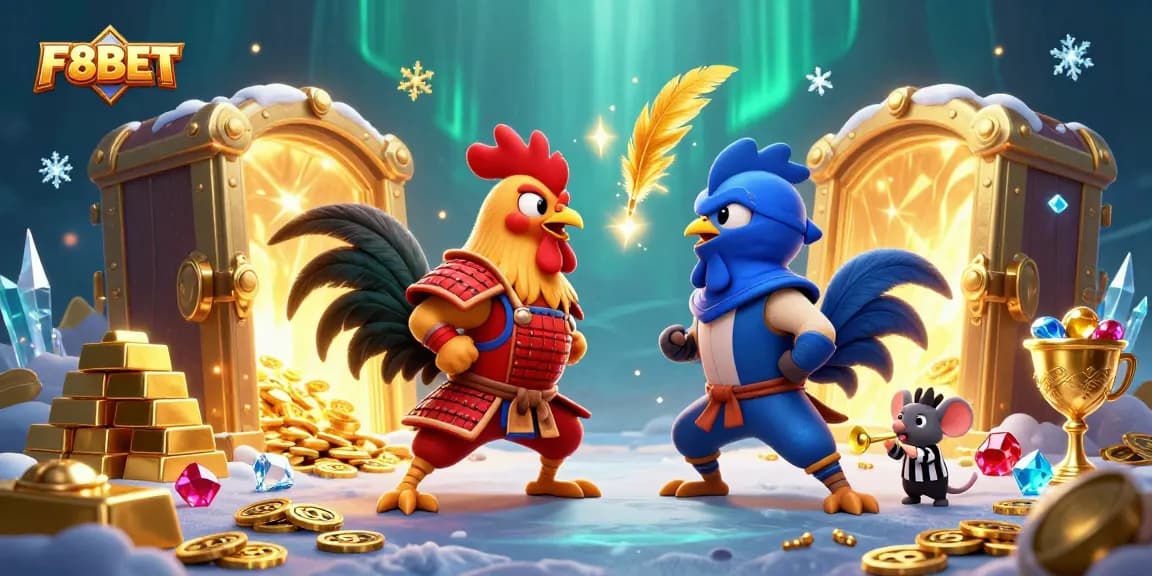 Bet on thrilling rooster fights at F8BET, featuring dynamic 3D illustrations of epic showdowns.