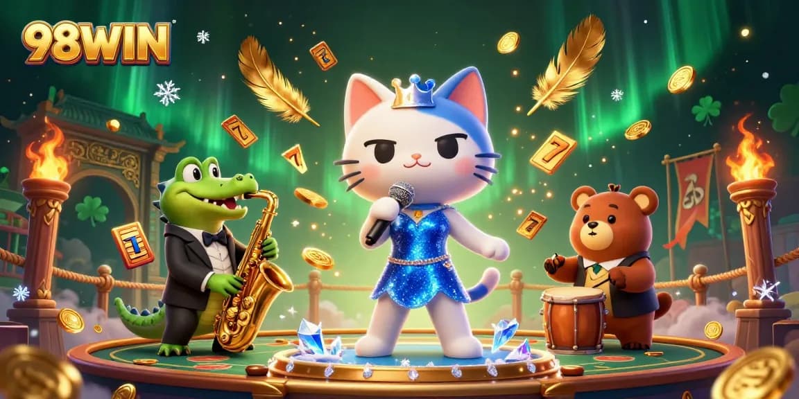 Experience big wins with 98WIN in a vibrant casino scene featuring jazz and colorful games.