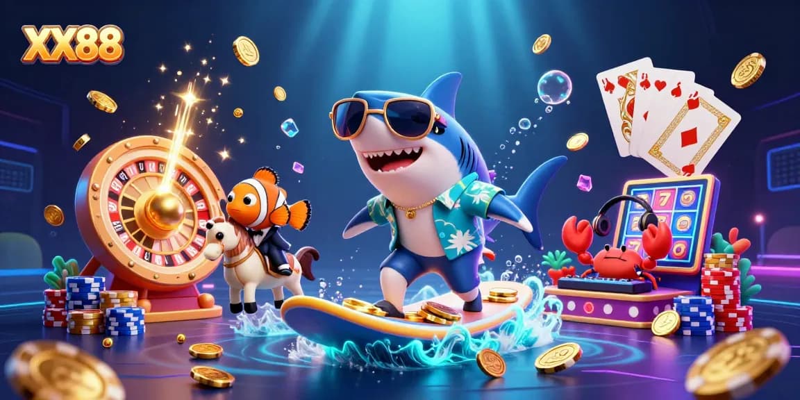 Experience the thrill of XX88 as a shark rides a wave of gold coins with exciting casino elements