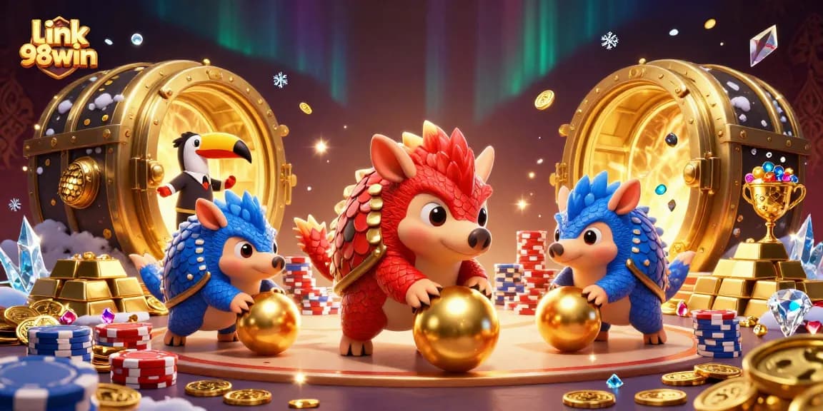 Engage in thrilling gameplay with link 98win, featuring rival pangolins and vibrant casino elements.