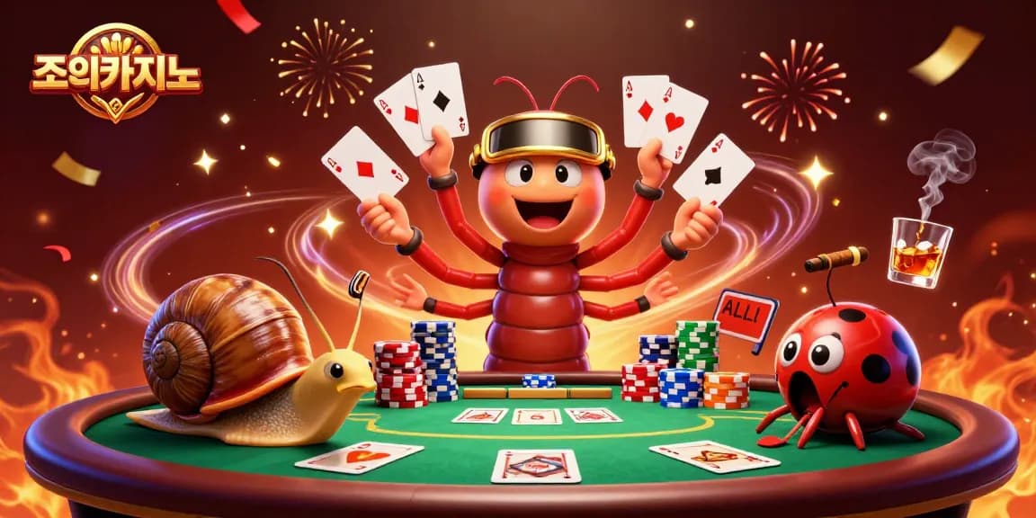 Join the game at 조이카지노 with a lively dealer and high-rolling snail amidst exciting poker action.