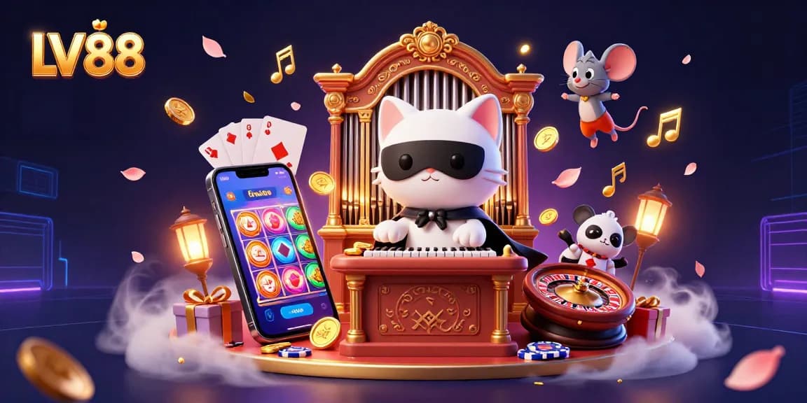 Engage with LV88's vibrant casino scene featuring a mysterious cat and lively game elements.
