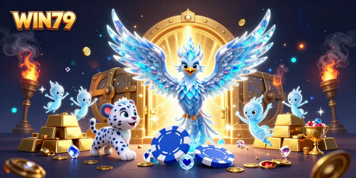 Experience the excitement of WIN79 with vibrant 3D characters and shimmering treasures in a dazzling casino scene.