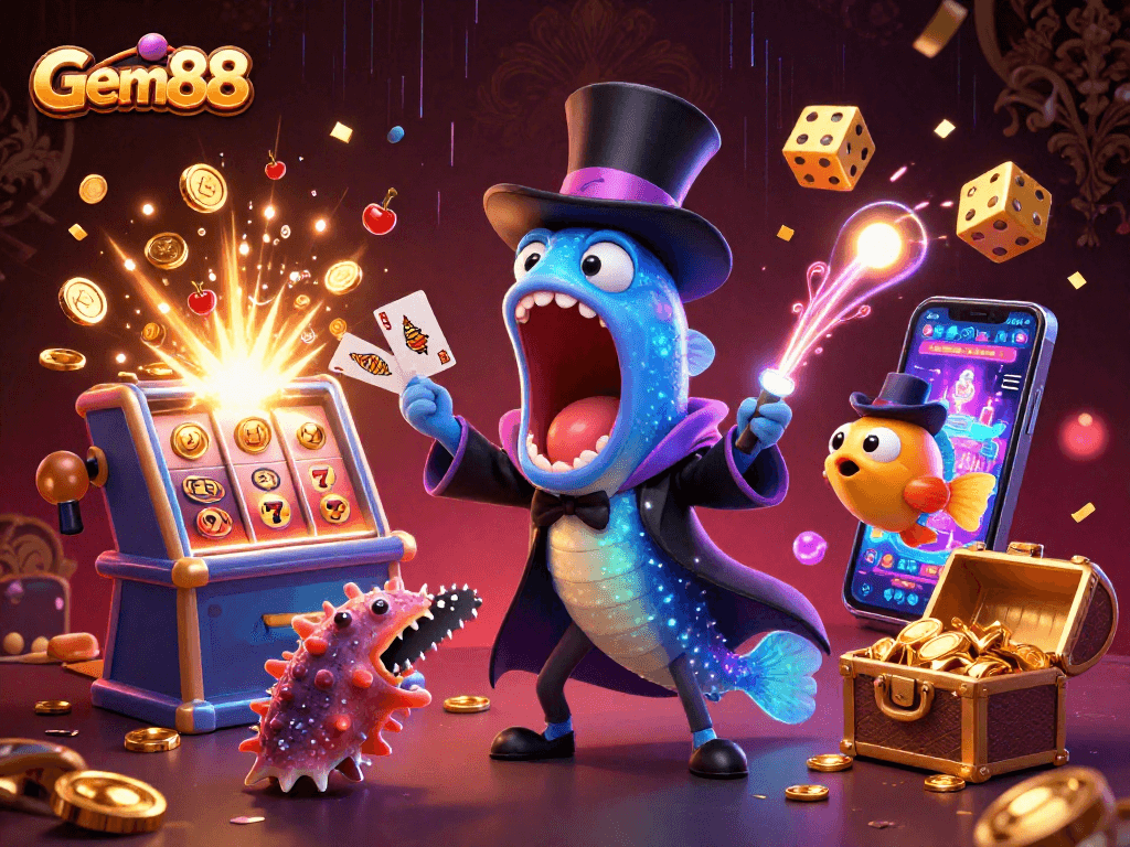 Experience Gem88's vibrant magic show with casino-themed sea creatures and dazzling rewards.
