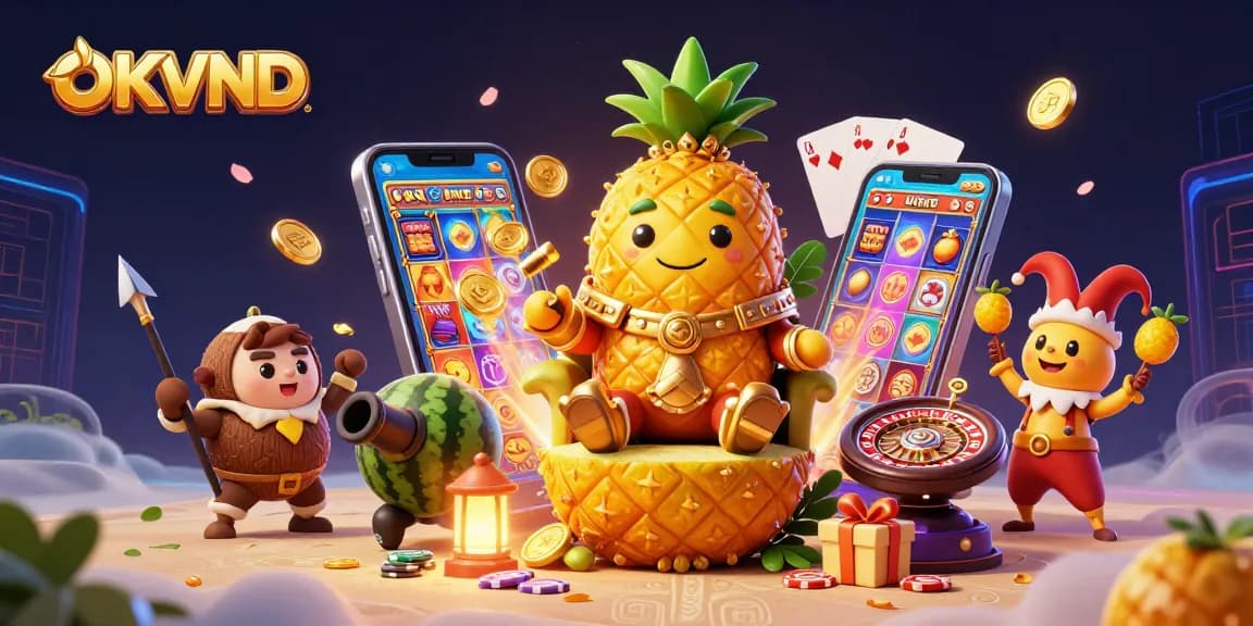 Engage in exciting games with OKVND's vibrant casino illustration featuring unique characters and dynamic elements.