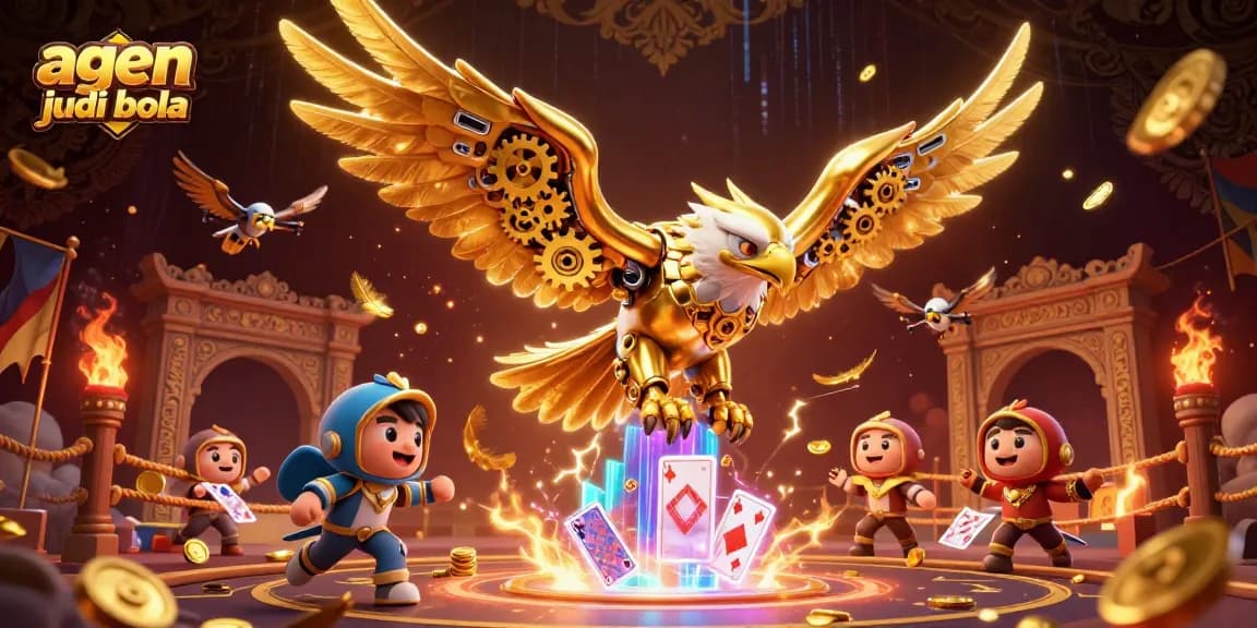 Experience thrilling sports betting with agen judi bola featuring a cybernetic golden eagle surrounded by vibrant gambling elements.