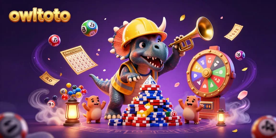 Join the game excitement at owltoto with cartoon dinosaurs celebrating amidst dynamic casino elements.
