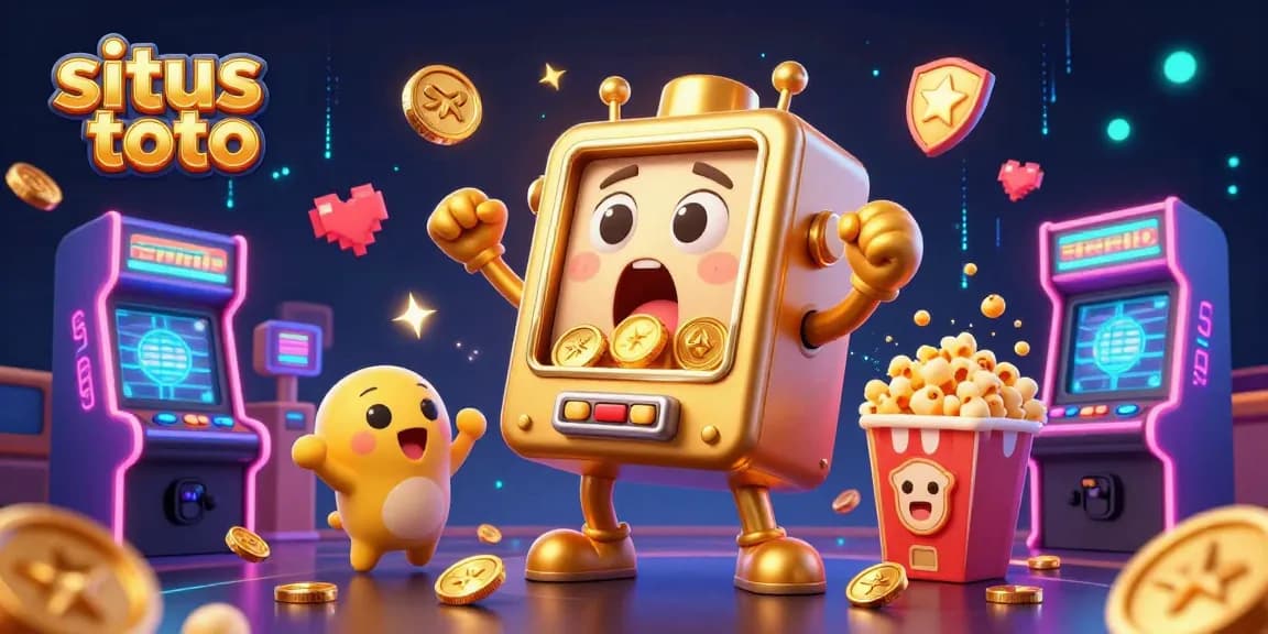 Situs toto slot machines celebrate a jackpot, surrounded by vibrant arcade elements in a 3D illustration.