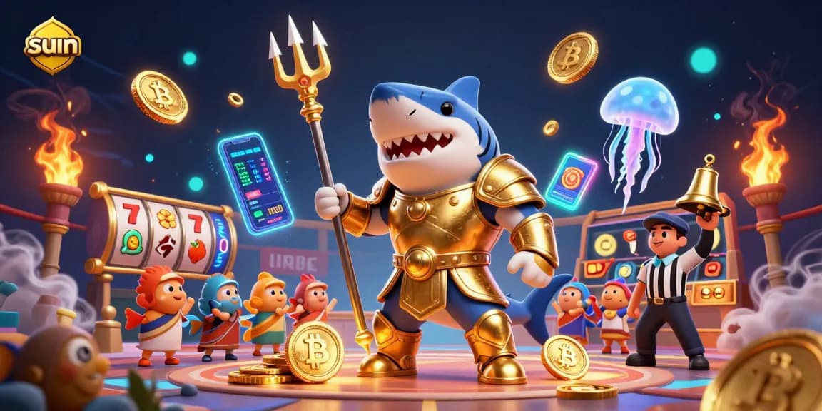 Experience the excitement of the sun-themed casino, featuring a fierce shark hero and thrilling jackpot symbols.